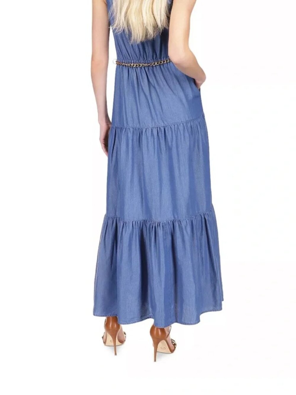 MICHAEL Michael Kors Sleeveless Tiered Chambray Maxi Dress in Blue XL - Picture 2 of 9